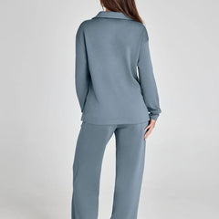 Nina™ travelsuit: light blue back view long-sleeve top and wide-leg jogger pants