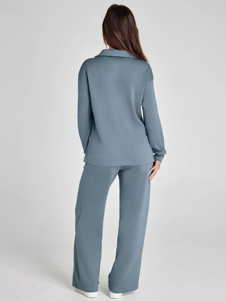 Nina™ travelsuit: light blue back view long-sleeve top and wide-leg jogger pants