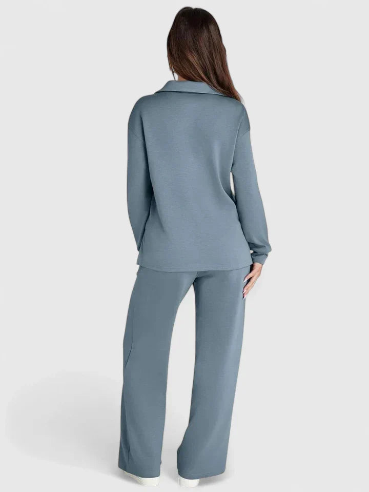 Light blue two-piece set, back view: long-sleeve V-neck top and wide-leg drawstring pants