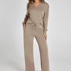 Nina™ travelsuit: taupe V-neck long-sleeve top and wide-leg jogger pants, drawstring