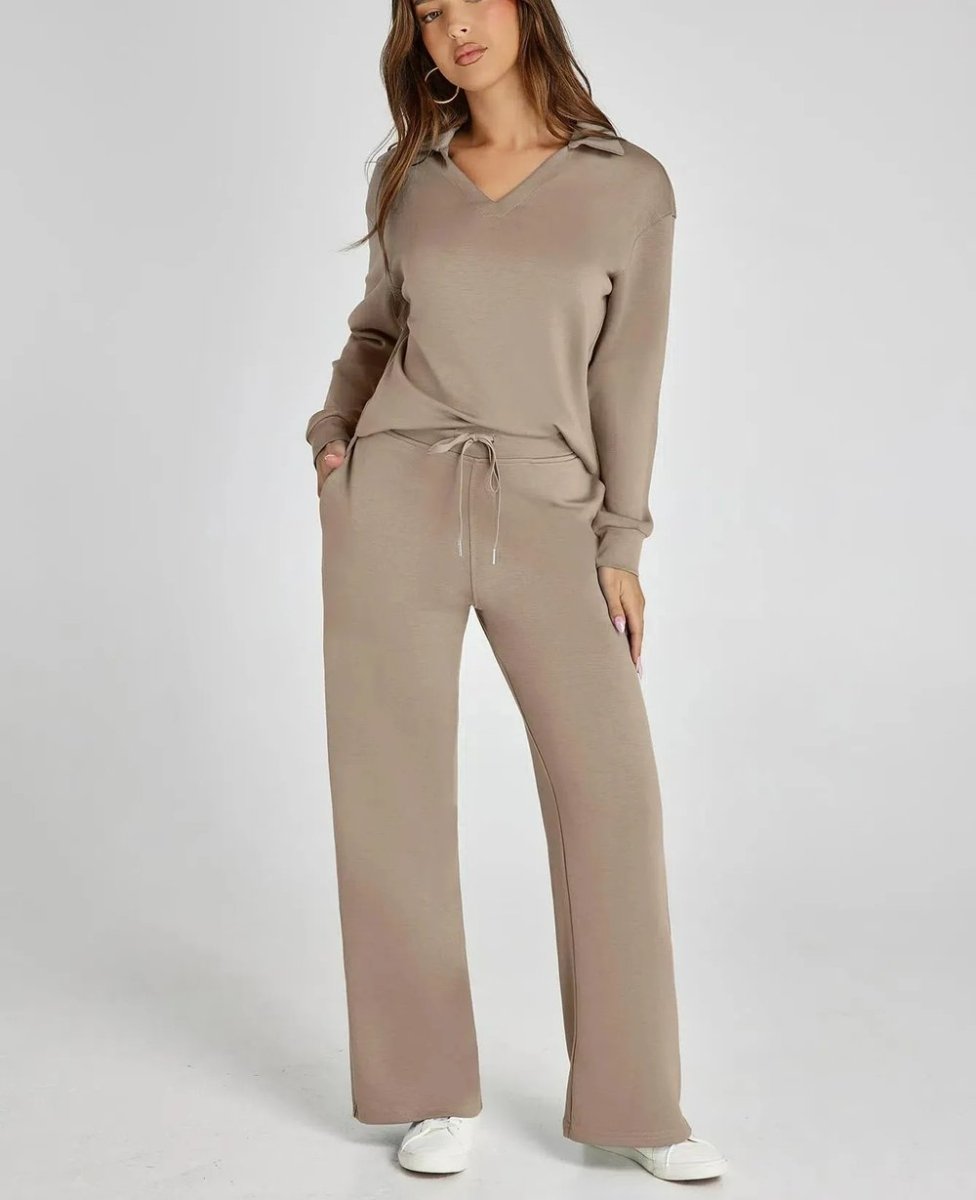 Nina™ travelsuit: taupe V-neck long-sleeve top and wide-leg jogger pants, drawstring