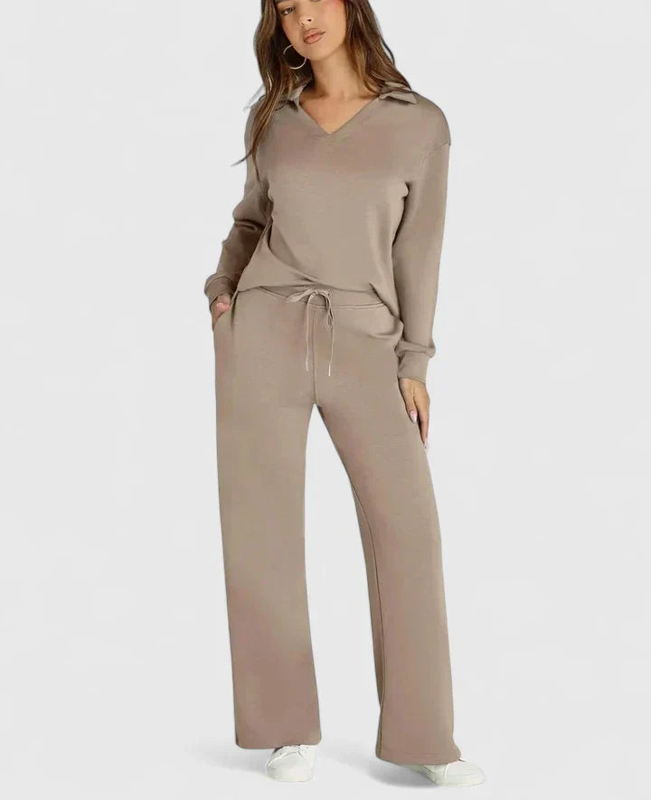 Khaki V-neck long-sleeve top and matching drawstring wide-leg pants set