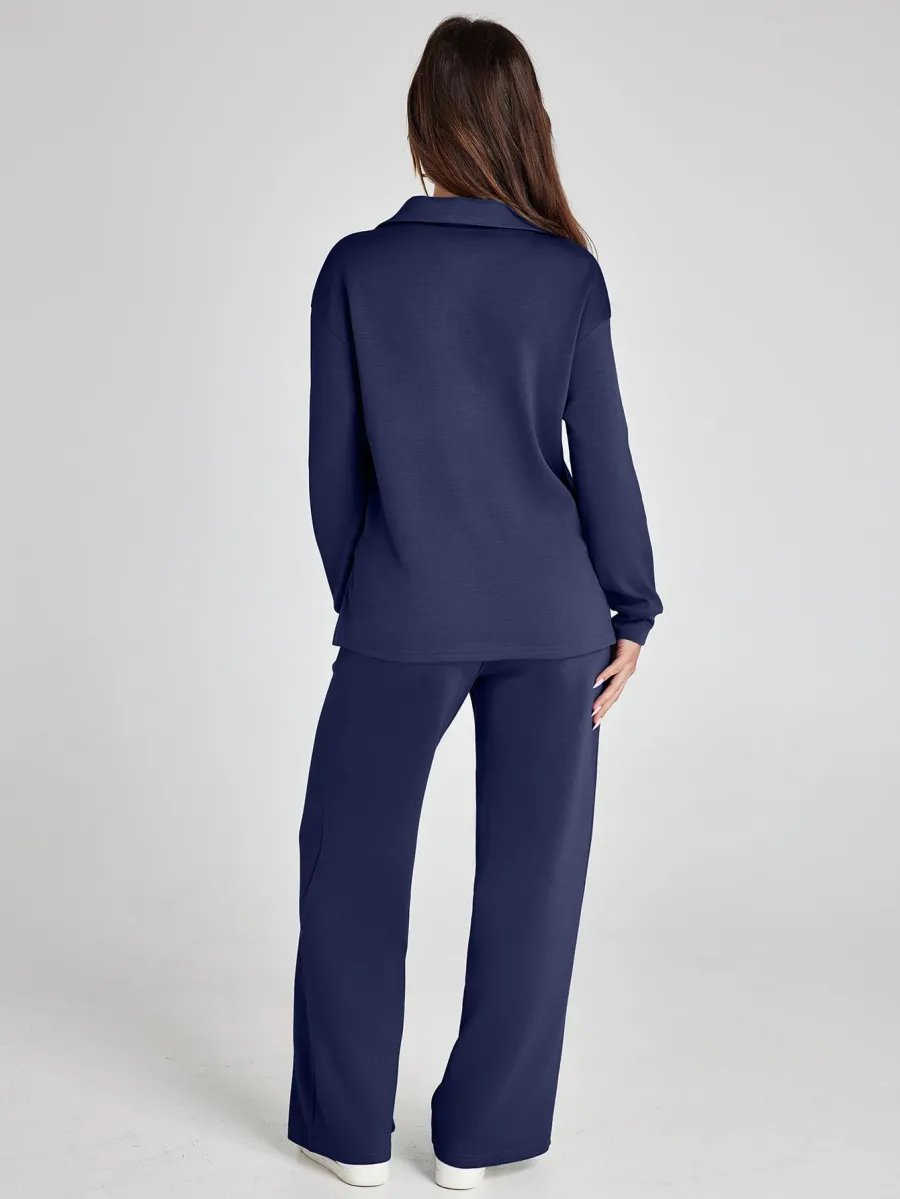 Navy long-sleeve top and wide-leg drawstring pants, back view