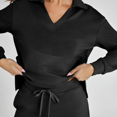 Nina™ travelsuit: black V-neck long-sleeve top with drawstring waist wide-leg joggers
