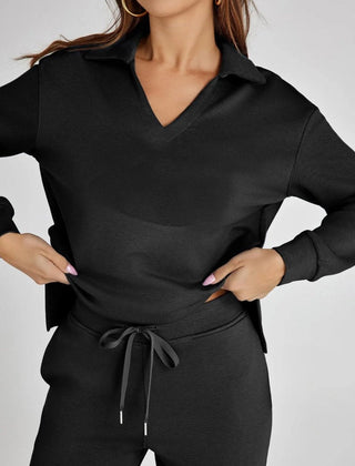 Nina™ travelsuit: black V-neck long-sleeve top with drawstring waist wide-leg joggers