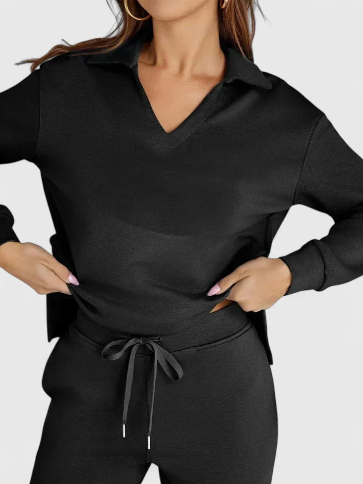 Black V-neck long-sleeve top and matching drawstring pants set
