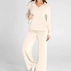 Cream V-neck long-sleeve travelsuit set with drawstring waist wide-leg pants