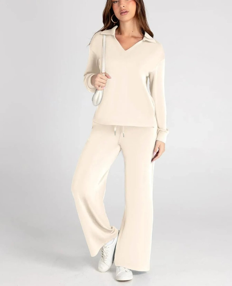 Cream V-neck long-sleeve travelsuit set with drawstring waist wide-leg pants