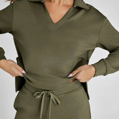 Olive green V-neck long-sleeve travelsuit set with drawstring waist pants