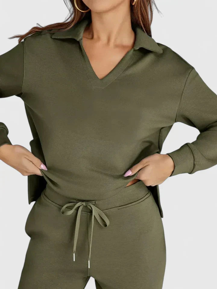 Green V-neck long-sleeve top and matching drawstring wide-leg pants set