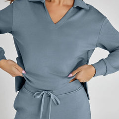 Nina™ travelsuit: light blue V-neck sweatshirt top with drawstring waist wide-leg pants