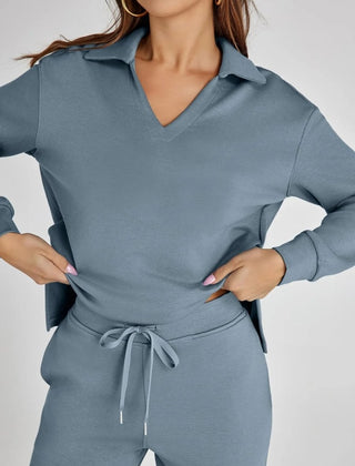 Nina™ travelsuit: light blue V-neck sweatshirt top with drawstring waist wide-leg pants