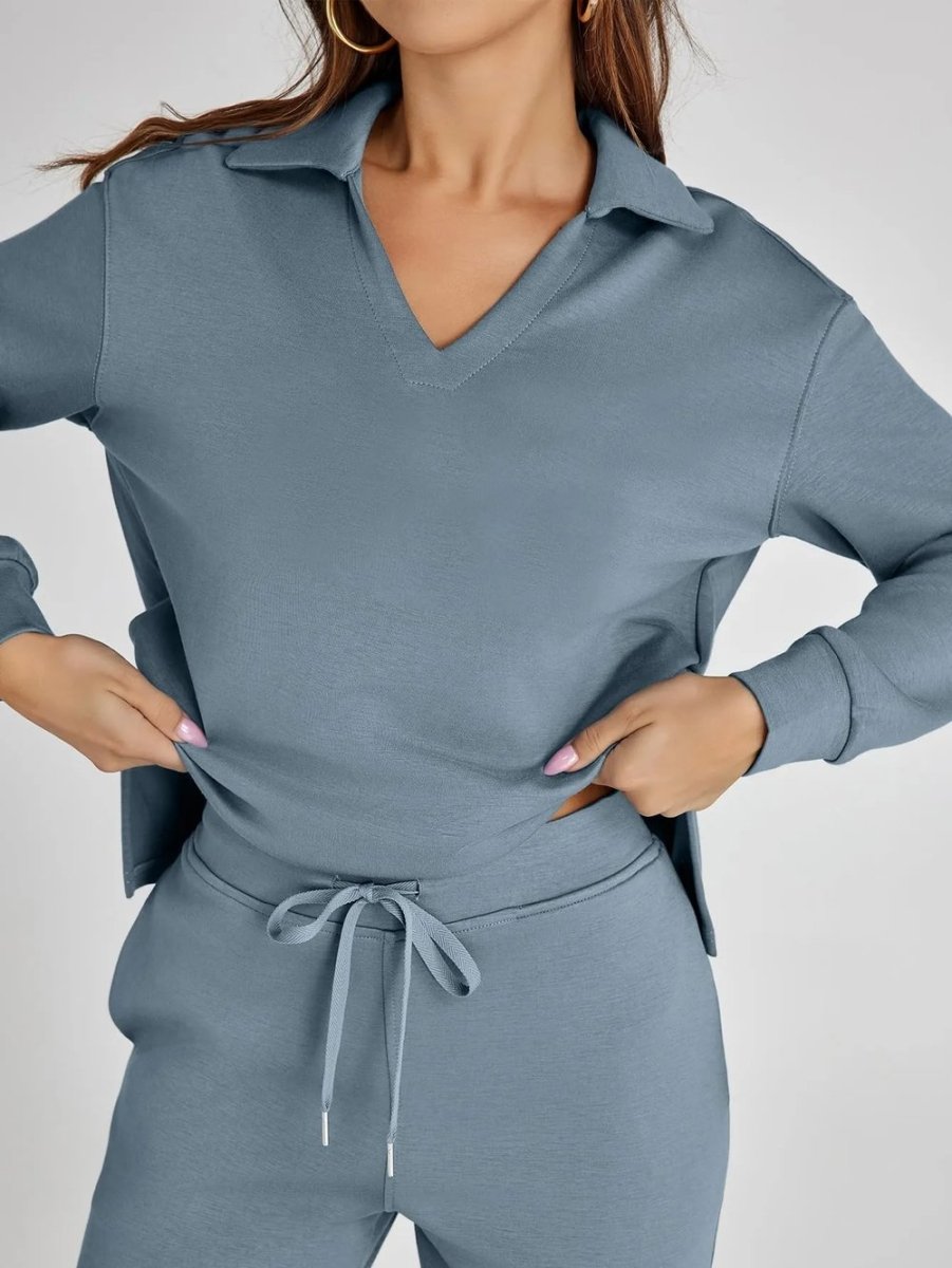 Nina™ travelsuit: light blue V-neck sweatshirt top with drawstring waist wide-leg pants