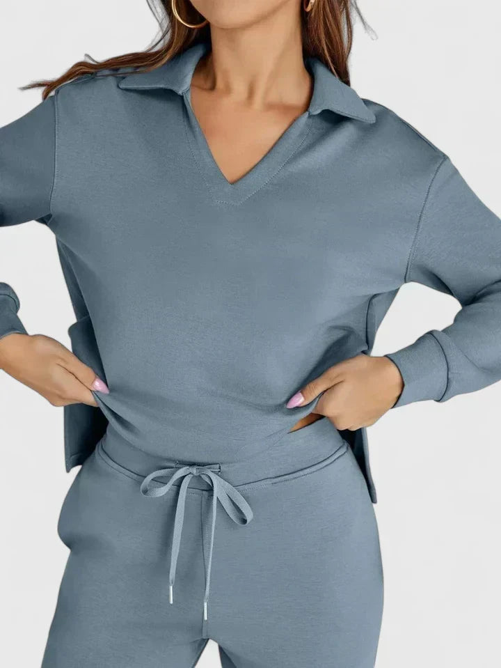 Light blue V-neck long-sleeve top and matching drawstring pants set