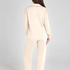 Cream long-sleeve top and wide-leg drawstring pants, back view