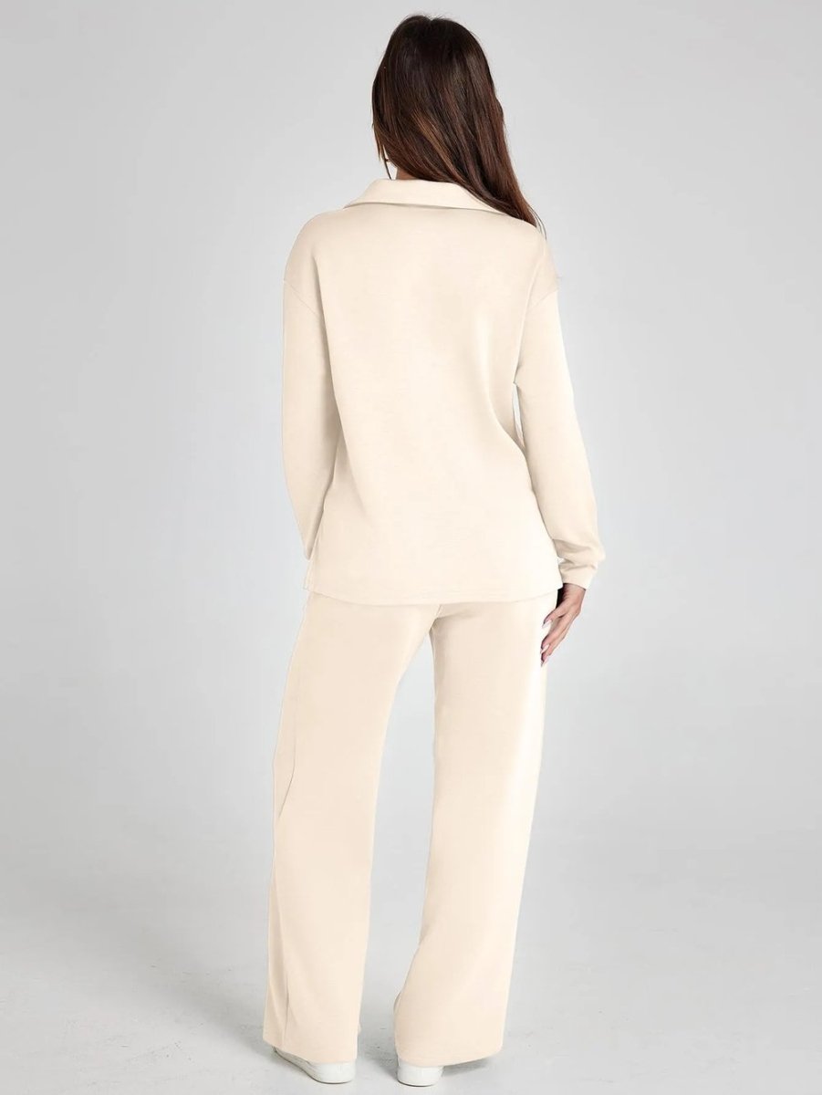 Cream long-sleeve top and wide-leg drawstring pants, back view