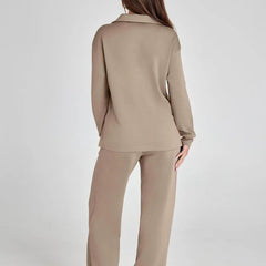 Nina™ travelsuit: taupe back view of long-sleeve V-neck top and wide-leg jogger pants