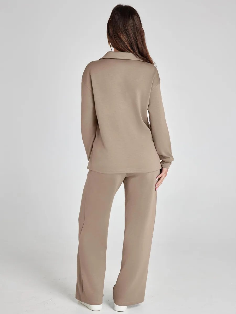 Nina™ travelsuit: taupe back view of long-sleeve V-neck top and wide-leg jogger pants
