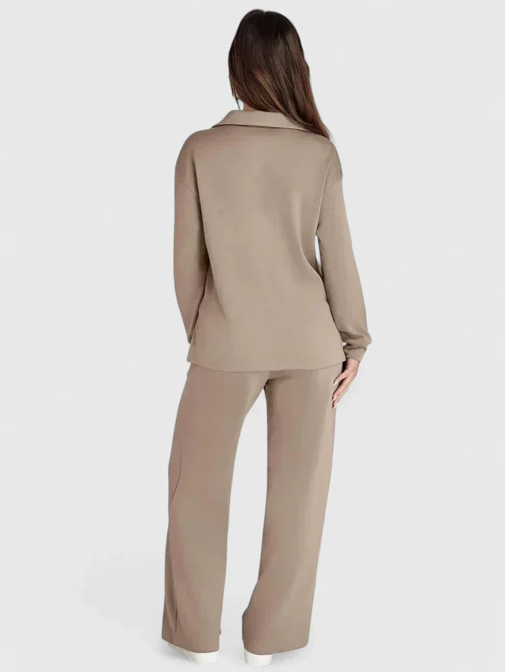 Beige/taupe two-piece set, back view: long-sleeve V-neck top and wide-leg drawstring pants