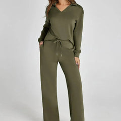 Nina™ travelsuit: olive green V-neck long-sleeve top and wide-leg jogger pants, drawstring