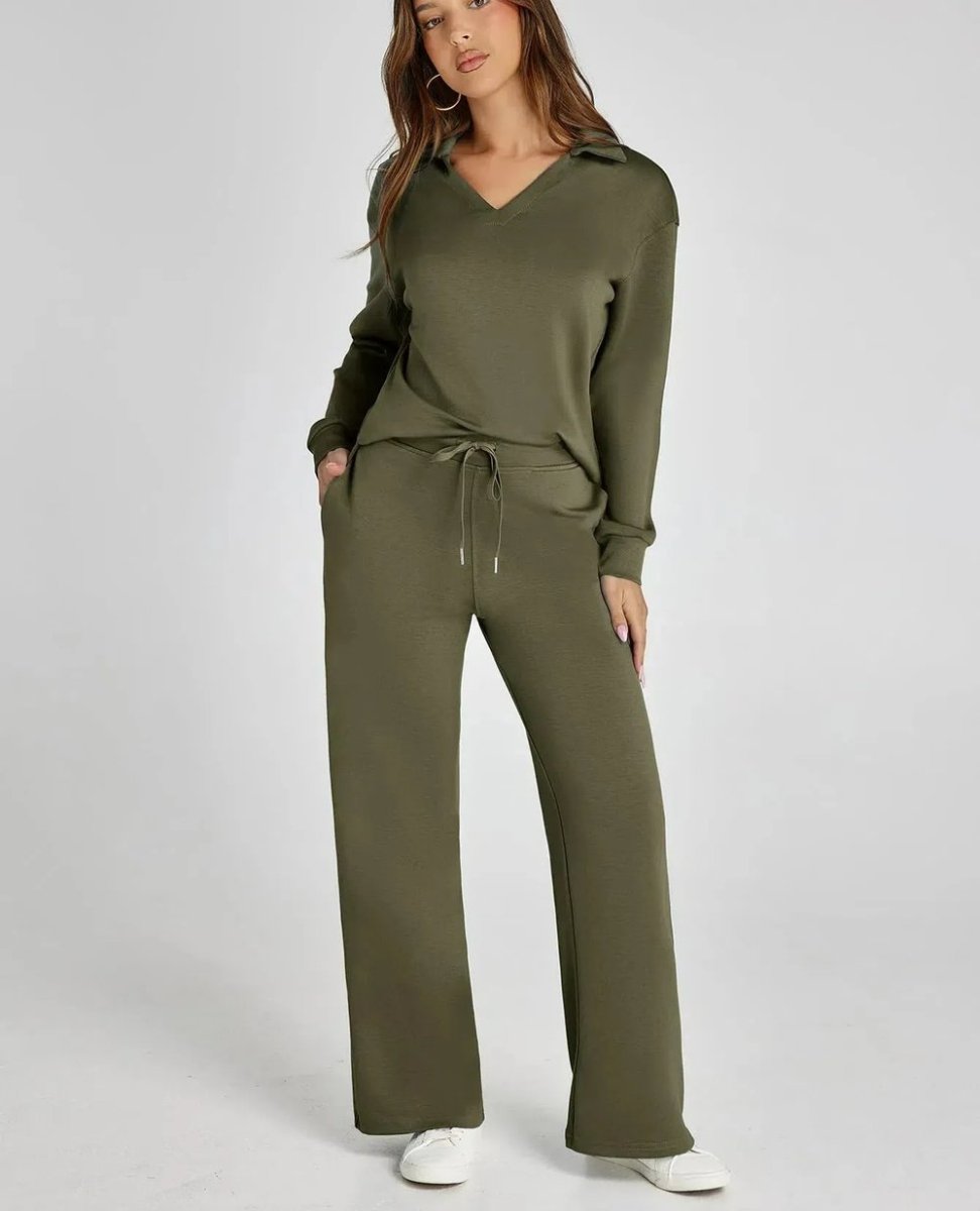 Nina™ travelsuit: olive green V-neck long-sleeve top and wide-leg jogger pants, drawstring