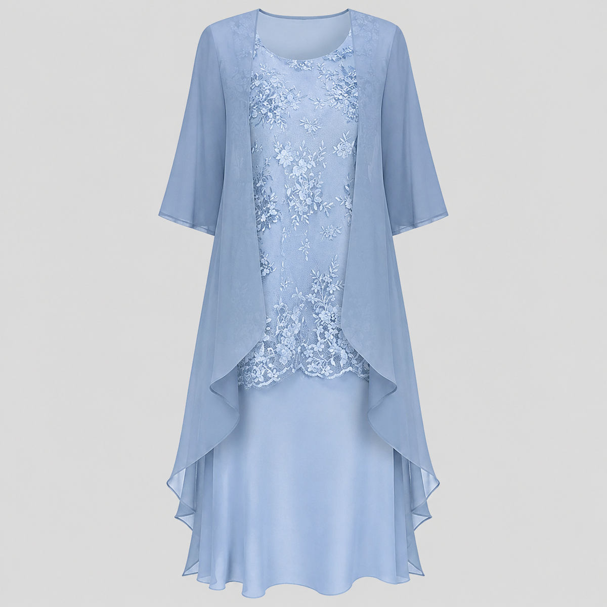Blue chiffon two-piece dress with lace front and layered asymmetrical hem