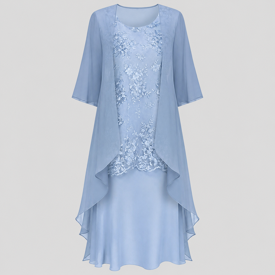 Blue chiffon two-piece dress with lace front and layered asymmetrical hem