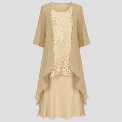 Beige chiffon two-piece dress with gold-toned lace front and layered asymmetrical hem
