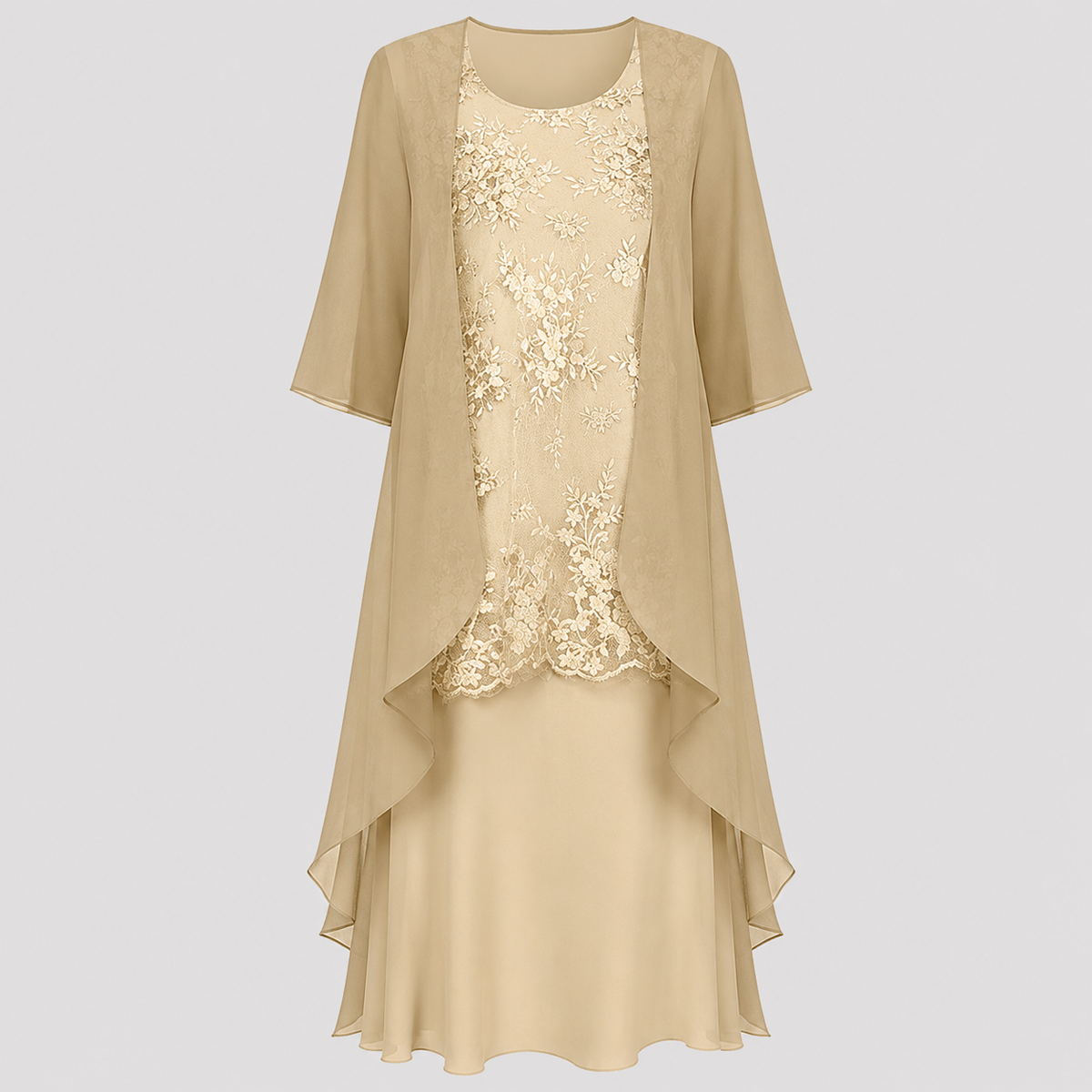 Beige chiffon two-piece dress with gold-toned lace front and layered asymmetrical hem