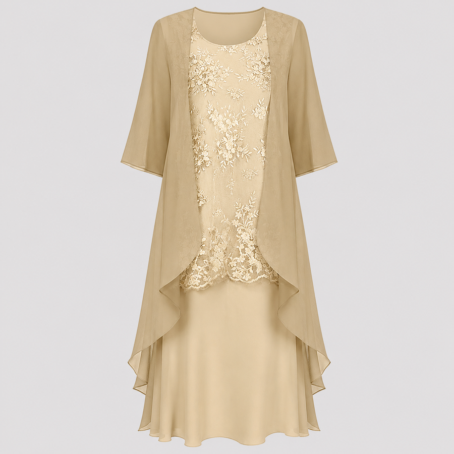 Beige chiffon two-piece dress with gold-toned lace front and layered asymmetrical hem