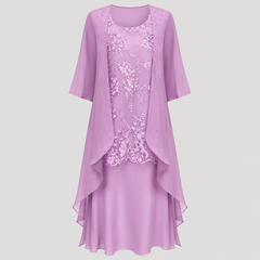 Lilac chiffon two-piece dress with floral lace front and flowing layered hem