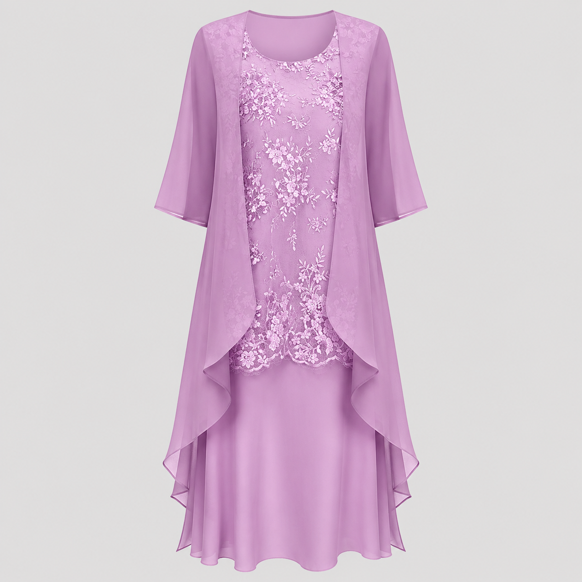 Lilac chiffon two-piece dress with floral lace front and flowing layered hem