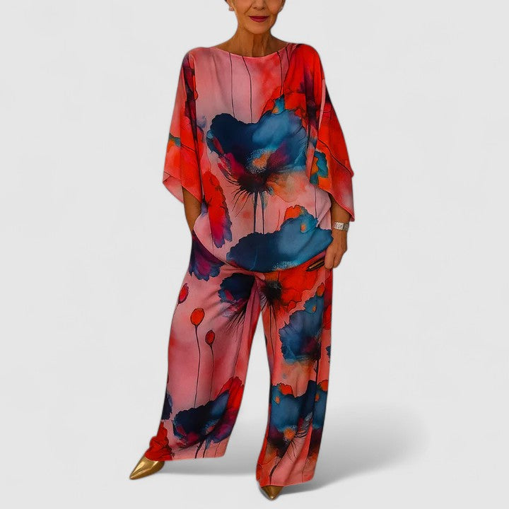 Two-piece set with drape-sleeve blouse and wide-leg pants, red and blue floral print