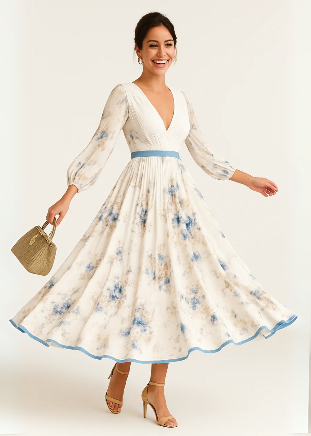 Floral maxi dress with V-neck and long puff sleeves, pleated skirt, blue trim