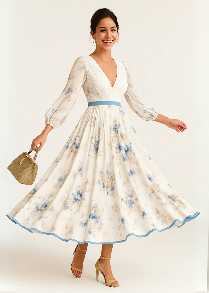 Floral maxi dress with V-neck and long puff sleeves, pleated skirt, blue trim