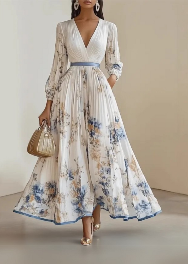 Floral maxi dress with V-neck, sheer long sleeves, pleated skirt, blue edge trim