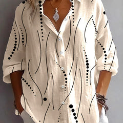 Kristen™ khaki button blouse with black dot-and-line abstract print, 3/4 sleeves