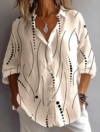 Kristen™ khaki button blouse with black dot-and-line abstract print, 3/4 sleeves
