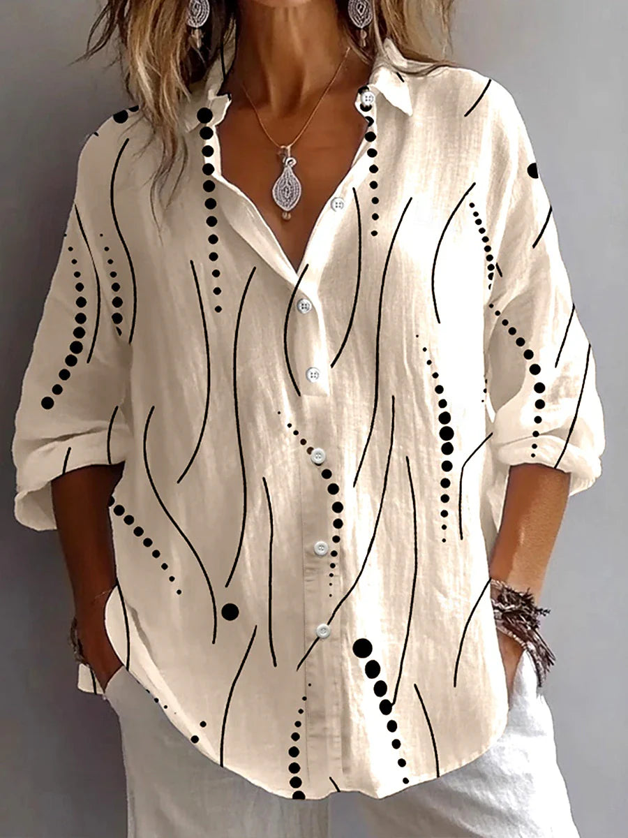 Kristen™ khaki button blouse with black dot-and-line abstract print, 3/4 sleeves