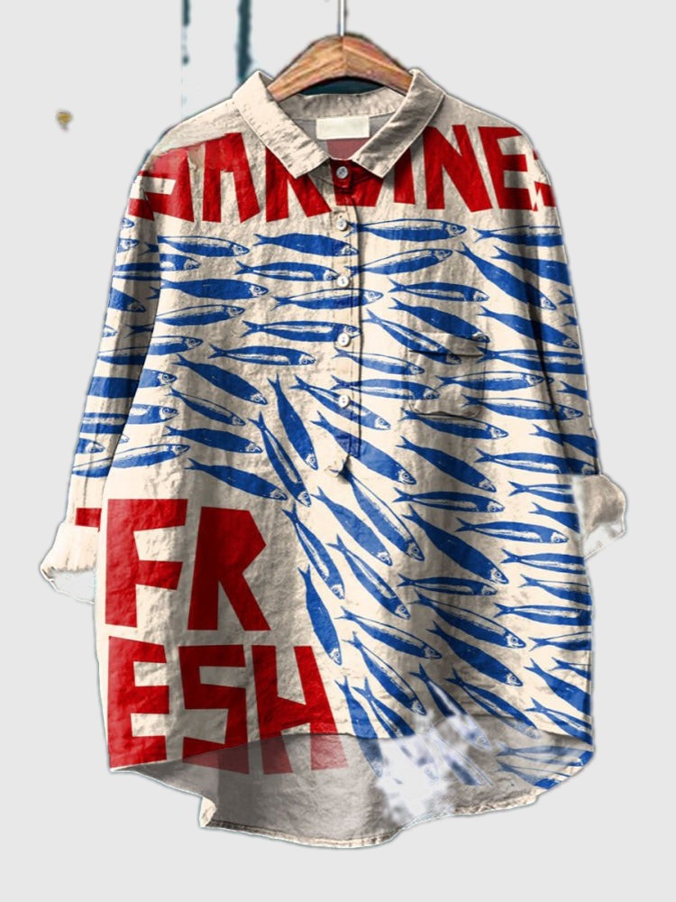 Multicolor sardines print collared button-up shirt, long sleeves