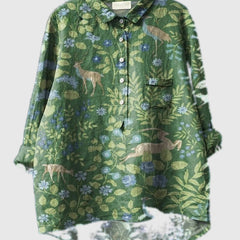 Green floral forest button-up shirt with long sleeves, collared neckline, front buttons, chest pocket