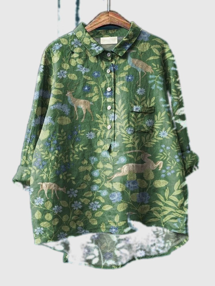 Green floral forest button-up shirt with long sleeves, collared neckline, front buttons, chest pocket