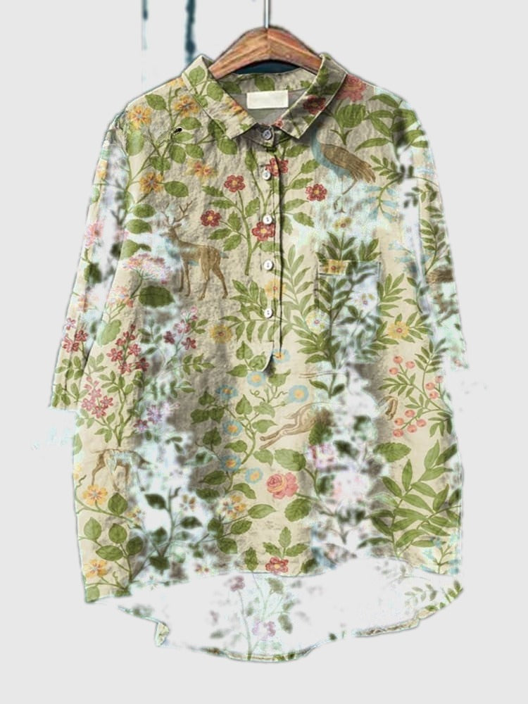 Beige floral forest button-up shirt with long sleeves, collared neckline, front buttons