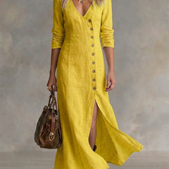 Yellow button-front maxi dress with V-neck, 3/4 sleeves, and side slit