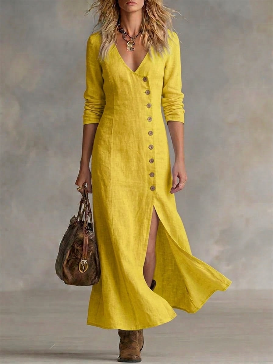 Yellow button-front maxi dress with V-neck, 3/4 sleeves, and side slit