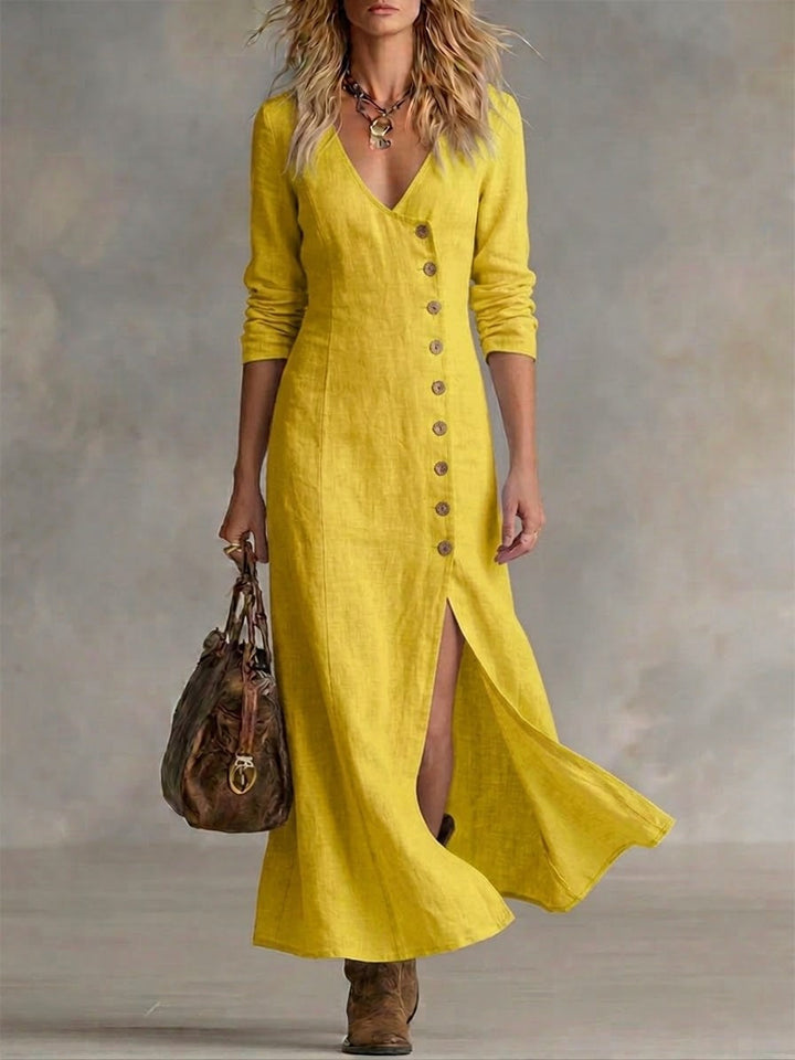 Yellow button-front maxi dress with V-neck, 3/4 sleeves, and side slit
