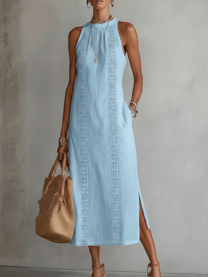Light blue sleeveless high-neck midi dress with vertical embroidered lace panel and side slit