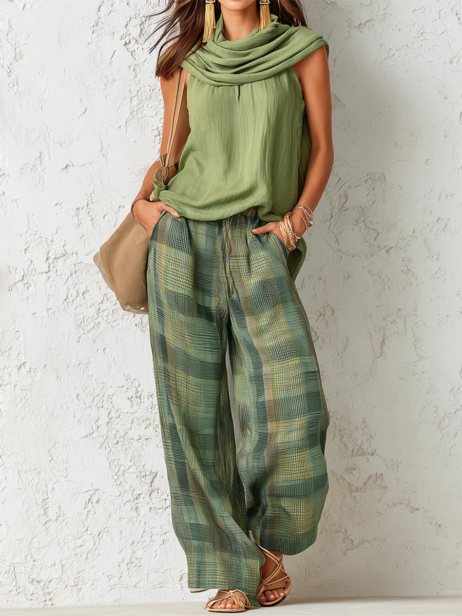 Relaxed set: sleeveless draped cowl-neck top with sage green plaid wide-leg pants