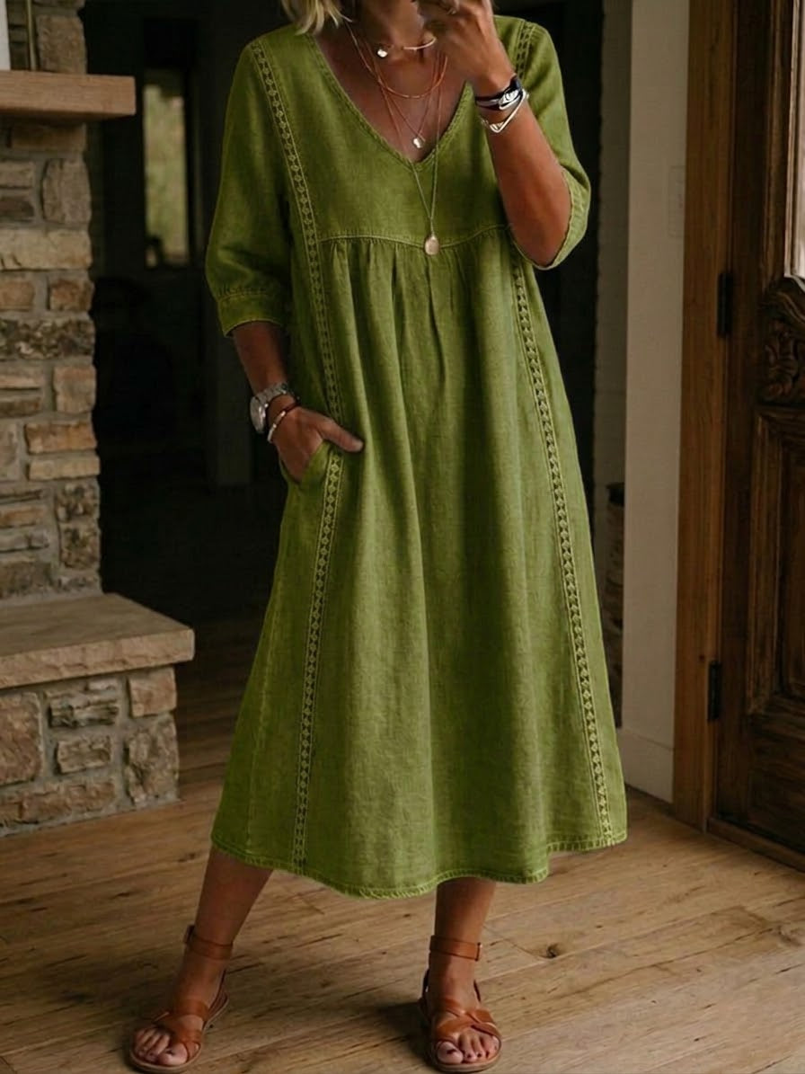 Olive green V-neck maxi dress with 3/4 sleeves and gathered bodice