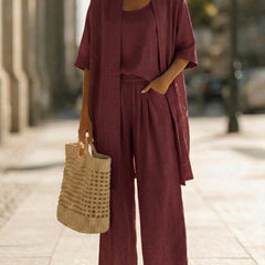 Women's elegant set in wine red: relaxed kimono over wide-leg pants